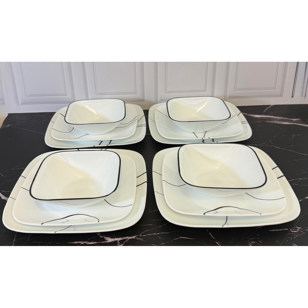 Corelle Simple Lines 12pc Dinnerware Set Square Plates and Bowls Vitrelle White